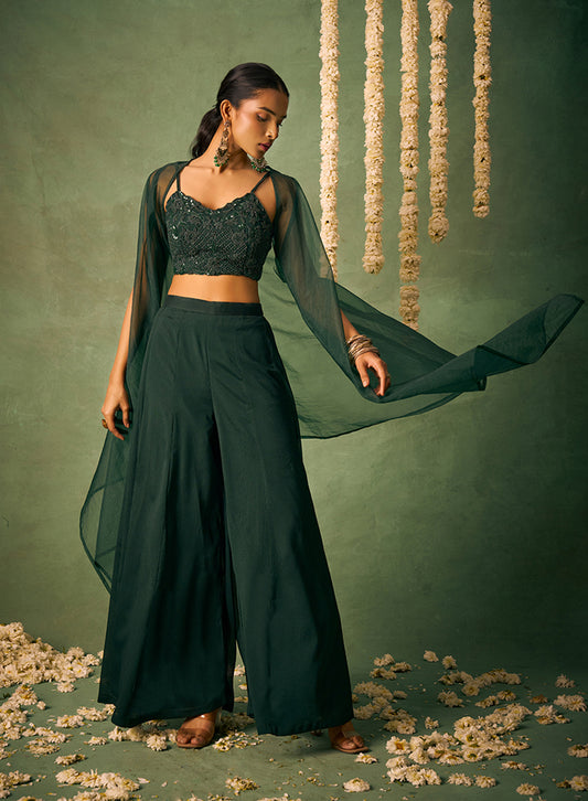 Bottle Green Chinon Embroidered Top & Bottom With Jacket