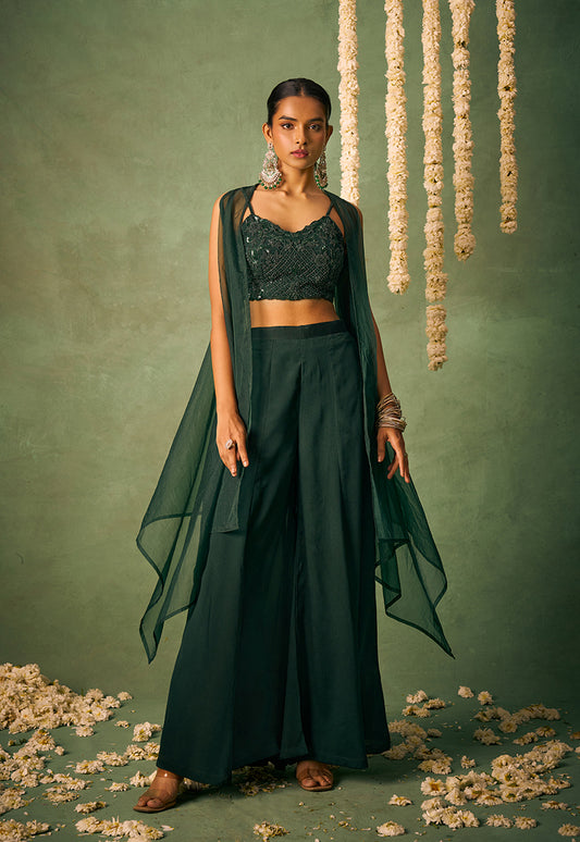 Bottle Green Chinon Embroidered Top & Bottom With Jacket