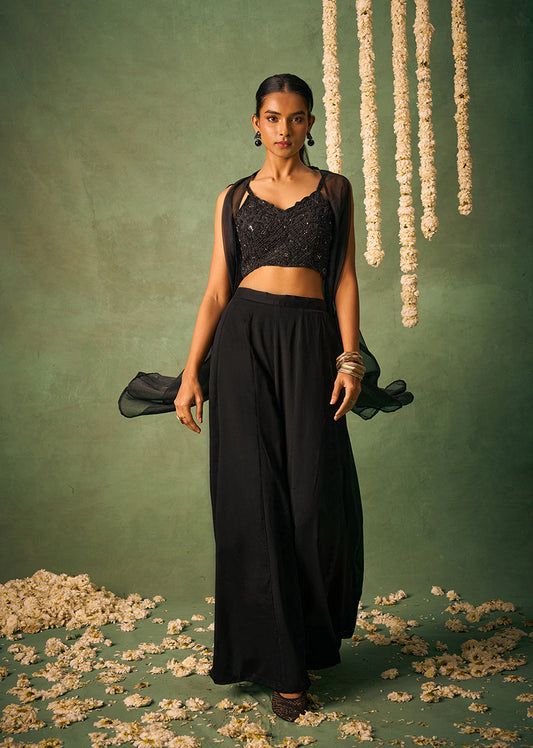 Black Chinon Embroidered Top & Bottom With Jacket
