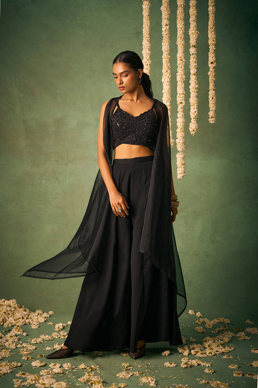 Black Chinon Embroidered Top & Bottom With Jacket