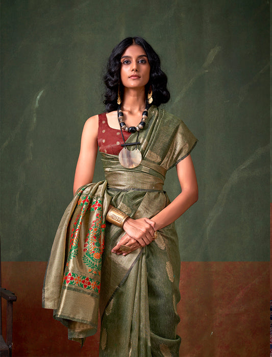 Sage Green Tissue Silk Zari Woven Saree With Paithani Style Pallu