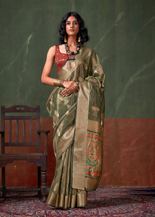 Sage Green Tissue Silk Zari Woven Saree With Paithani Style Pallu