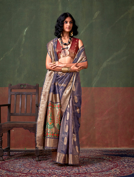 Lavender Tissue Silk Zari Woven Saree With Paithani Style Pallu
