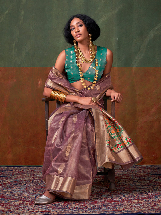 Mauve Tissue Silk Zari Woven Saree With Paithani Style Pallu
