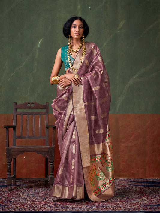 Mauve Tissue Silk Zari Woven Saree With Paithani Style Pallu
