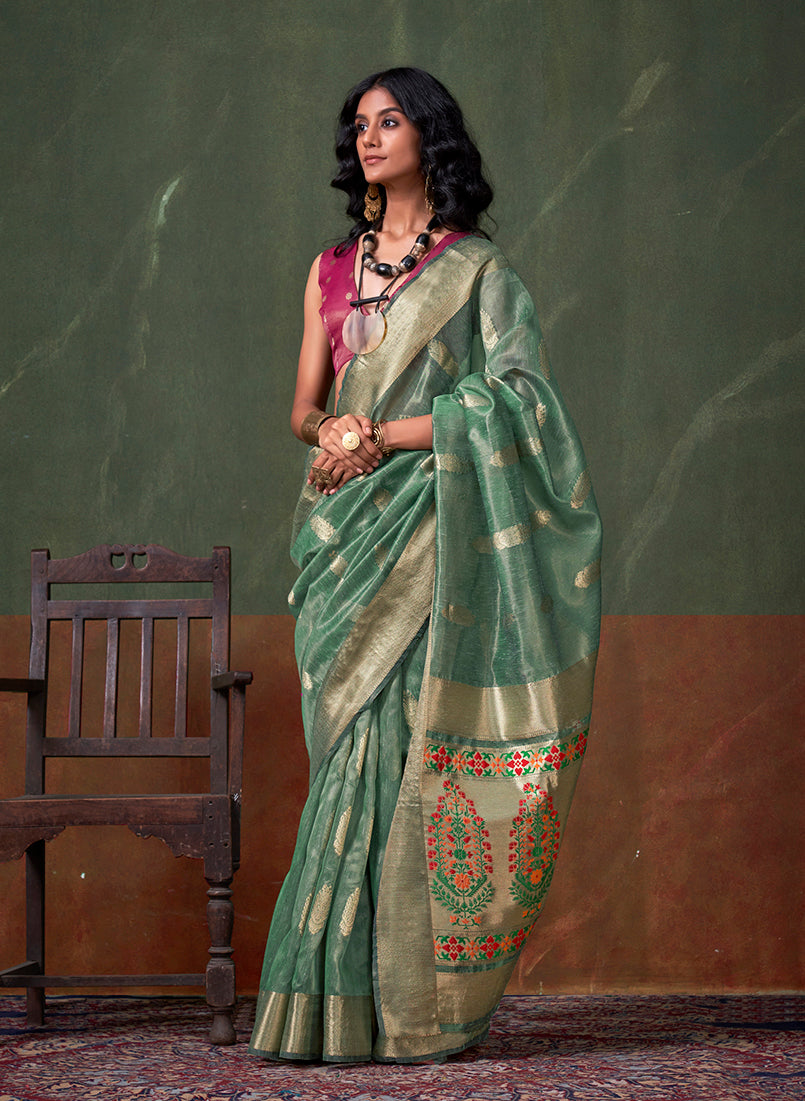 Sea Green Tissue Silk Zari Woven Saree With Paithani Style Pallu