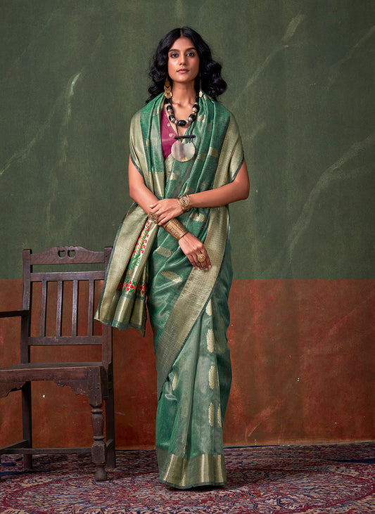 Sea Green Tissue Silk Zari Woven Saree With Paithani Style Pallu