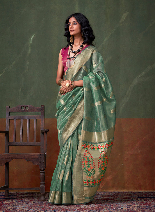 Sea Green Tissue Silk Zari Woven Saree With Paithani Style Pallu