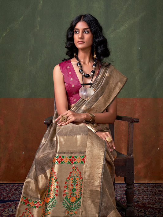 Gray Tissue Silk Zari Woven Saree With Paithani Style Pallu