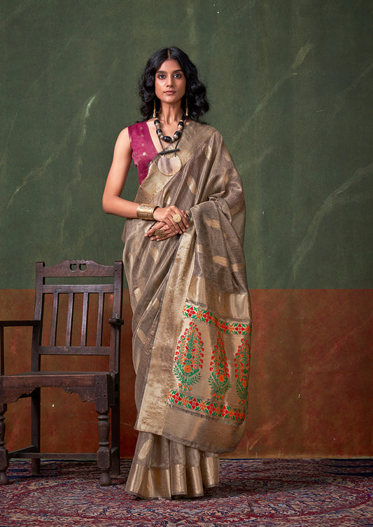 Gray Tissue Silk Zari Woven Saree With Paithani Style Pallu