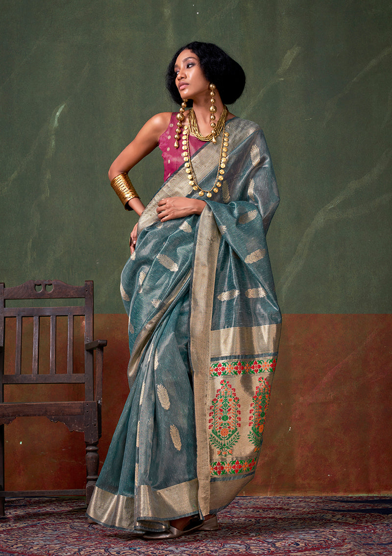 Light Blue Tissue Silk Zari Woven Saree With Paithani Style Pallu