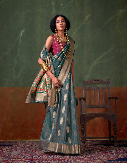 Light Blue Tissue Silk Zari Woven Saree With Paithani Style Pallu