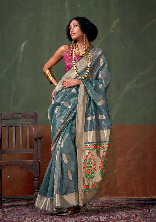 Light Blue Tissue Silk Zari Woven Saree With Paithani Style Pallu