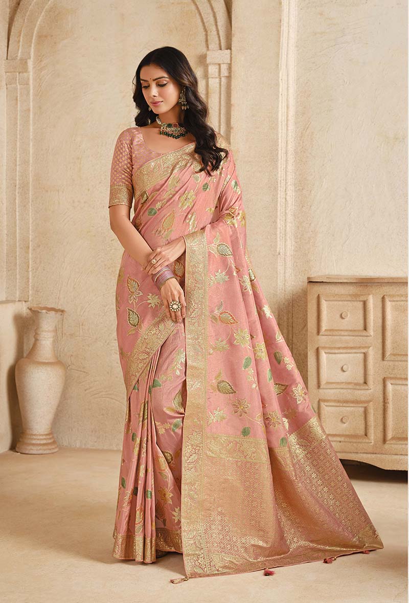Baby Pink Silk Zari Weaving Classic Saree