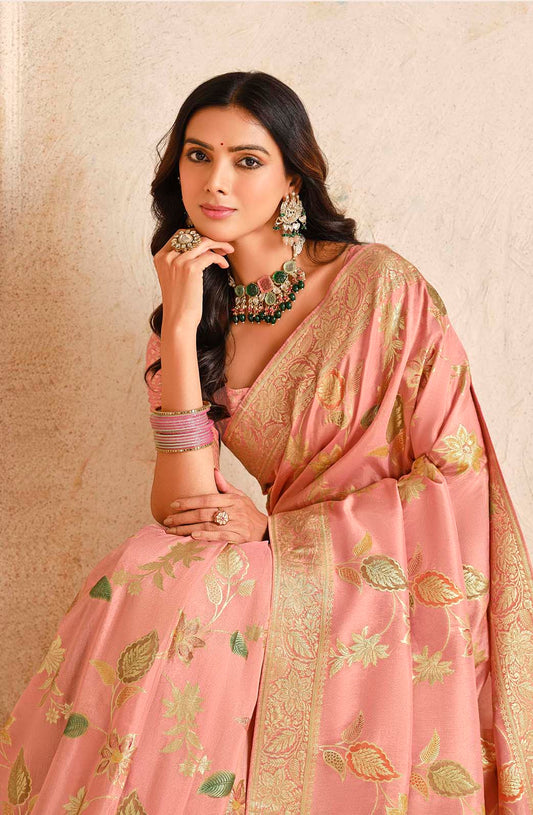Baby Pink Silk Zari Weaving Classic Saree