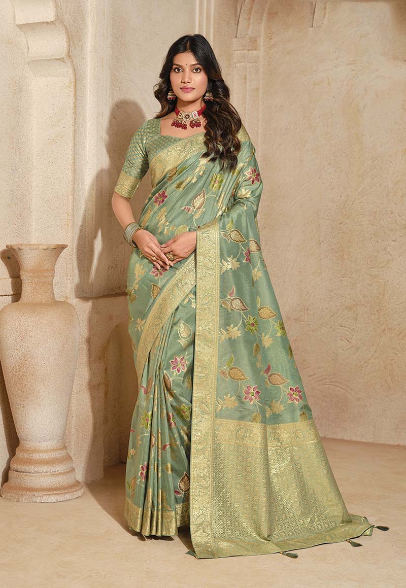 Sea Green Silk Zari Weaving Classic Saree