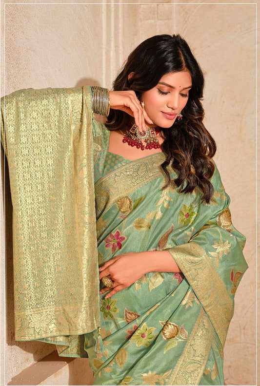 Sea Green Silk Zari Weaving Classic Saree