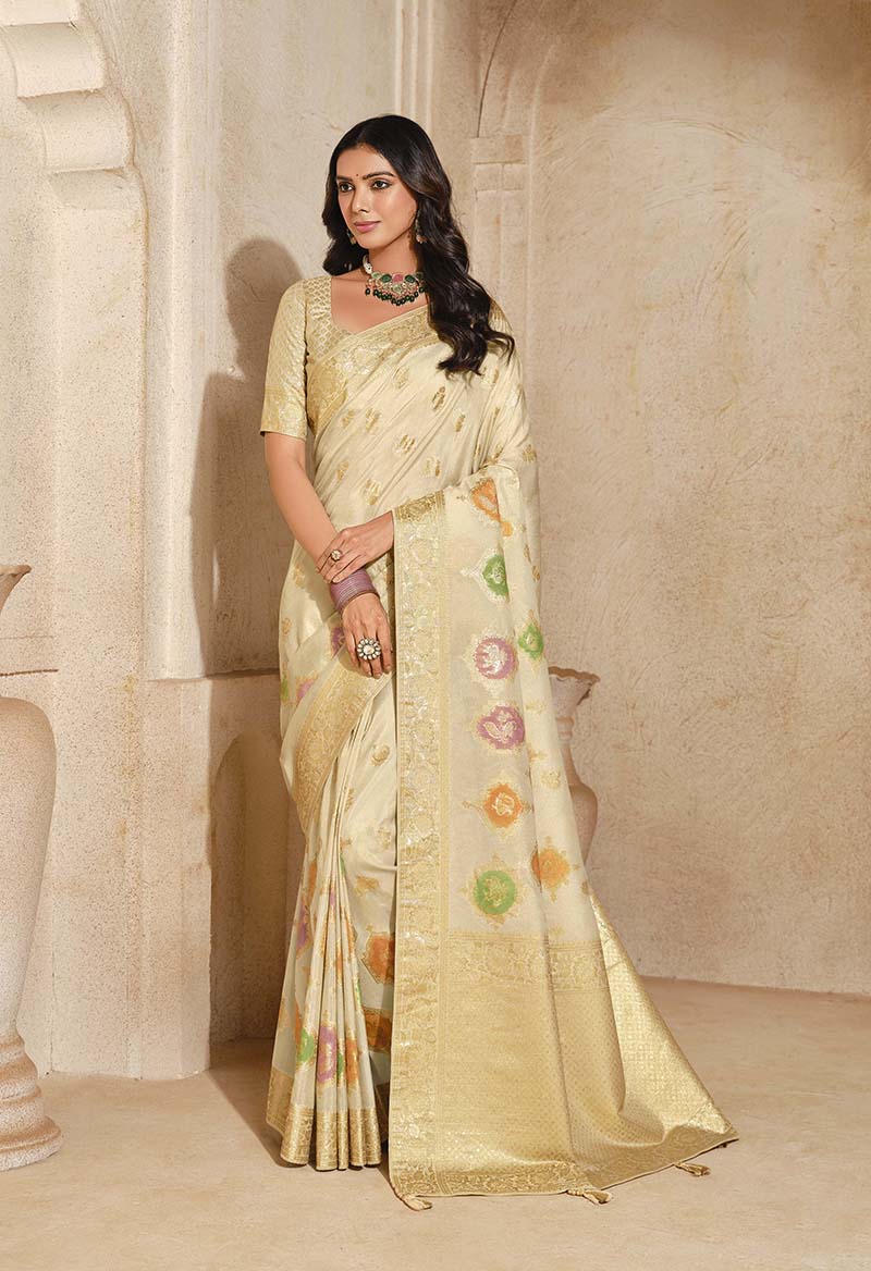 Cream Silk Zari Weaving Classic Saree