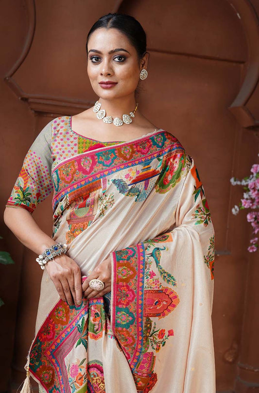 Cream Dola Silk Position Weaving Work Traditional Saree