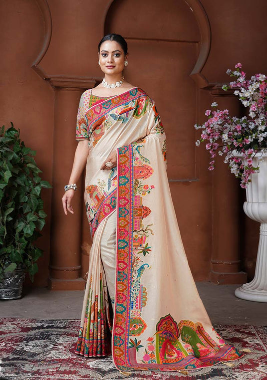 Cream Dola Silk Position Weaving Work Traditional Saree