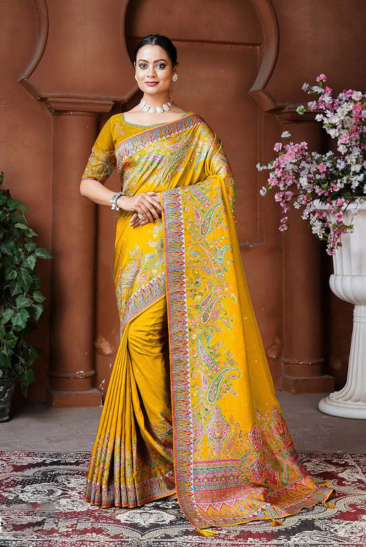 Golden Dola Silk Position Weaving Work Traditional Saree