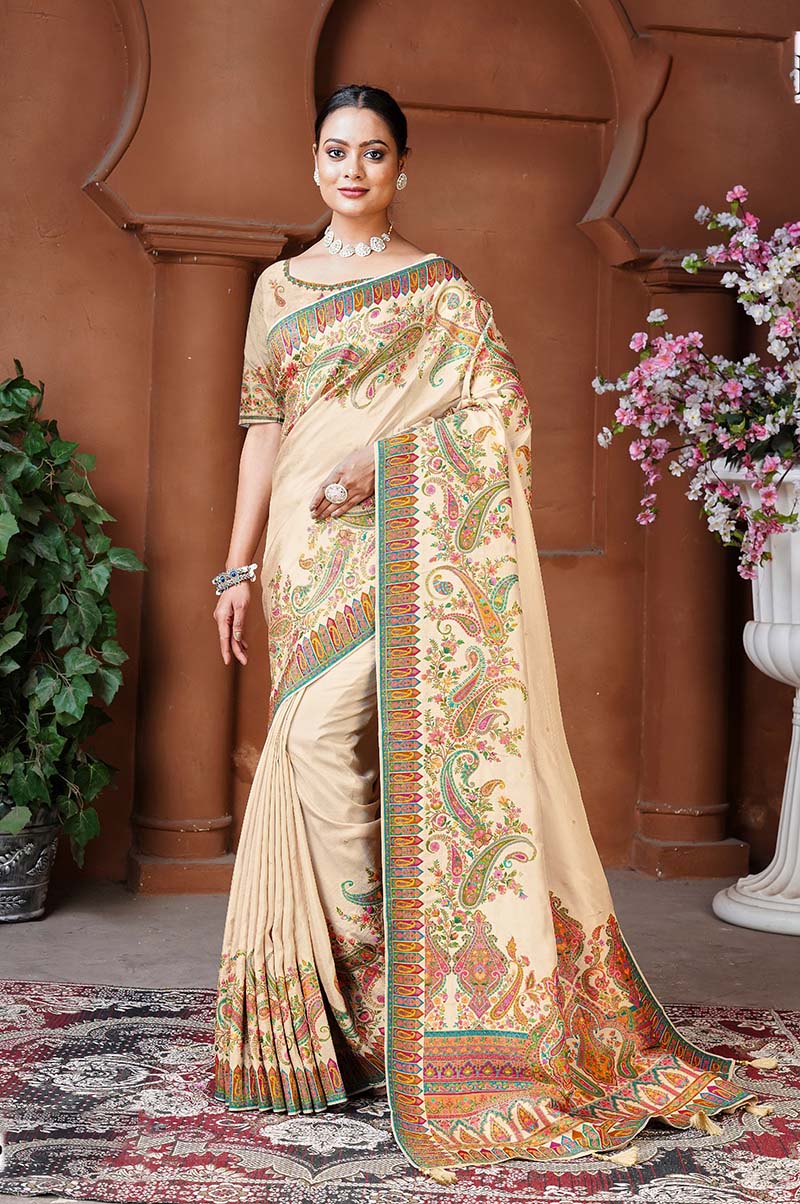 Cream Dola Silk Position Weaving Work Traditional Saree