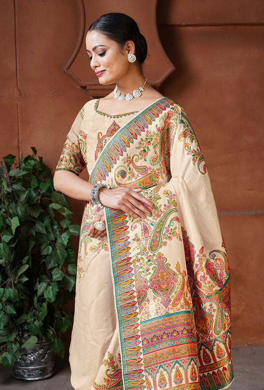 Cream Dola Silk Position Weaving Work Traditional Saree