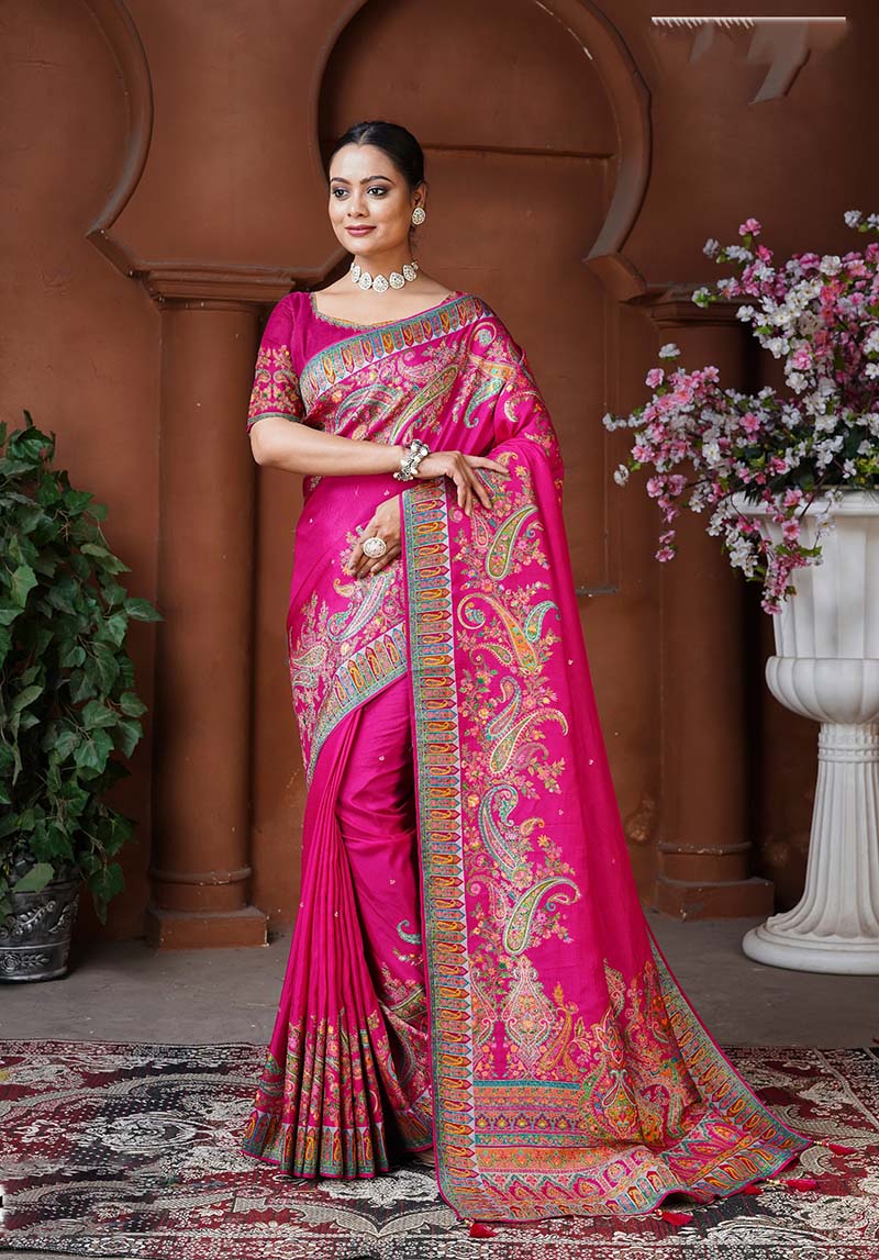 Rani Pink Dola Silk Position Weaving Work Traditional Saree