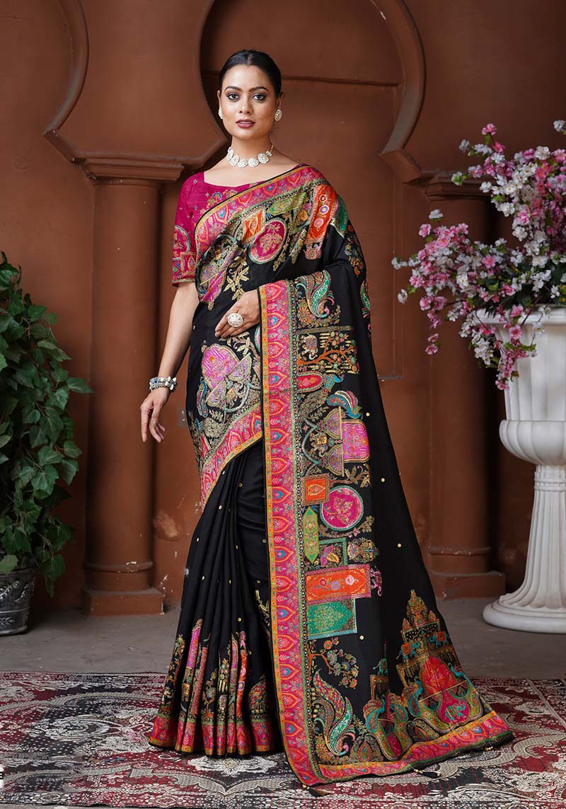 Black Dola Silk Position Weaving Work Traditional Saree