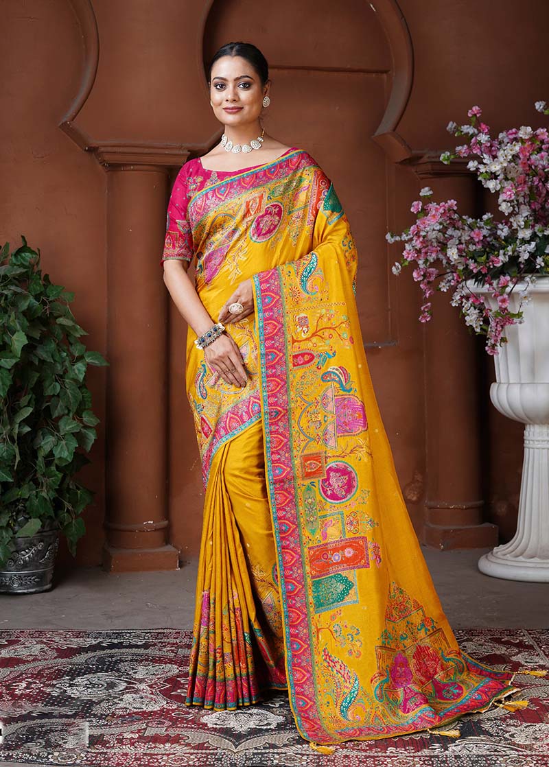 Yellow Dola Silk Position Weaving Work Traditional Saree
