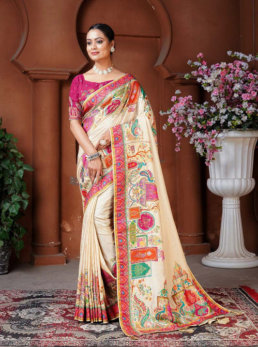 Cream Dola Silk Position Weaving Work Traditional Saree