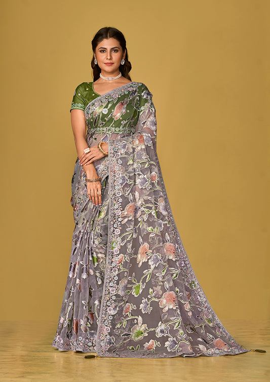 Grey Organza Brasso With Beautiful Printed Saree