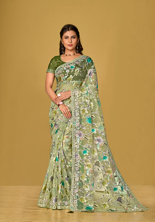 Light green Organza Brasso With Beautiful Printed Saree