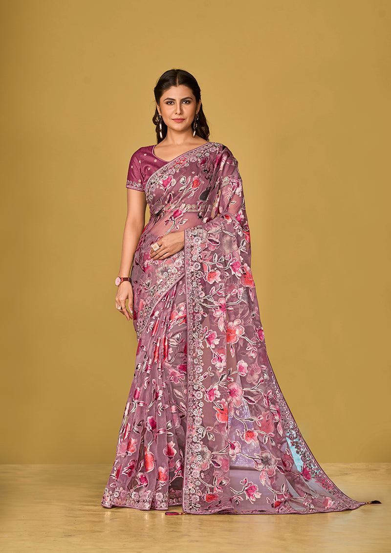 Mauve Pink Organza Brasso With Beautiful Printed Saree