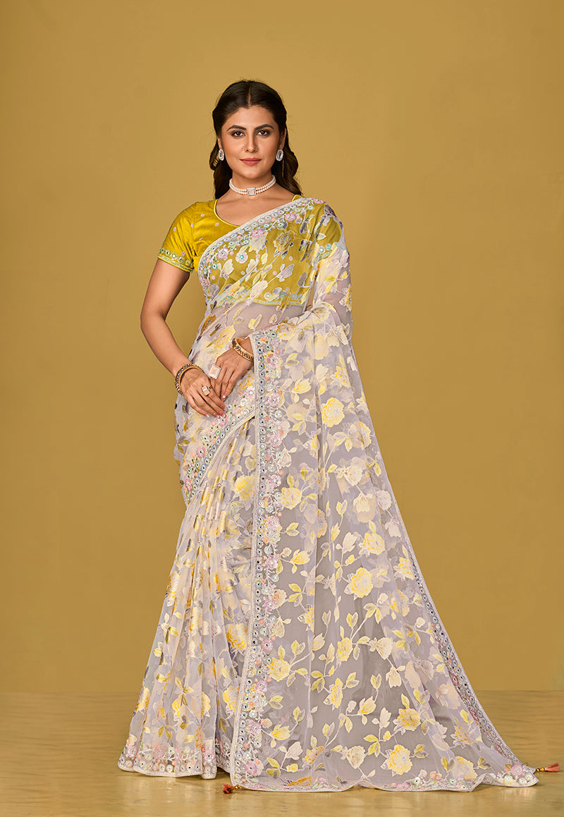 Off white Organza Brasso With Beautiful Printed Saree