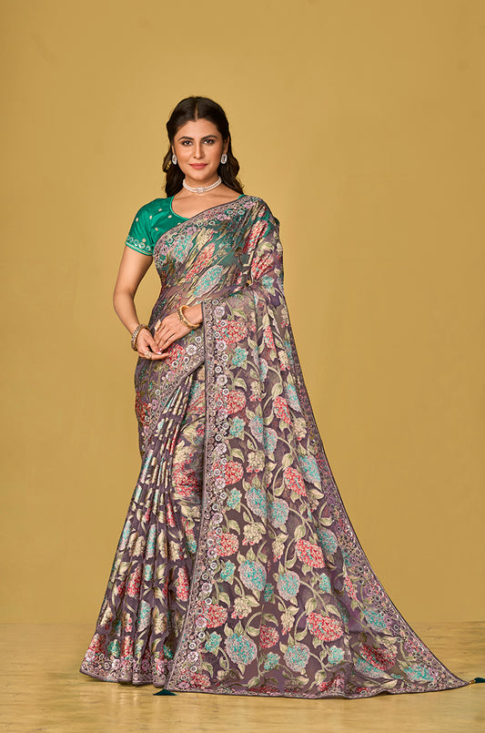 Grey Organza Brasso With Beautiful Printed Saree