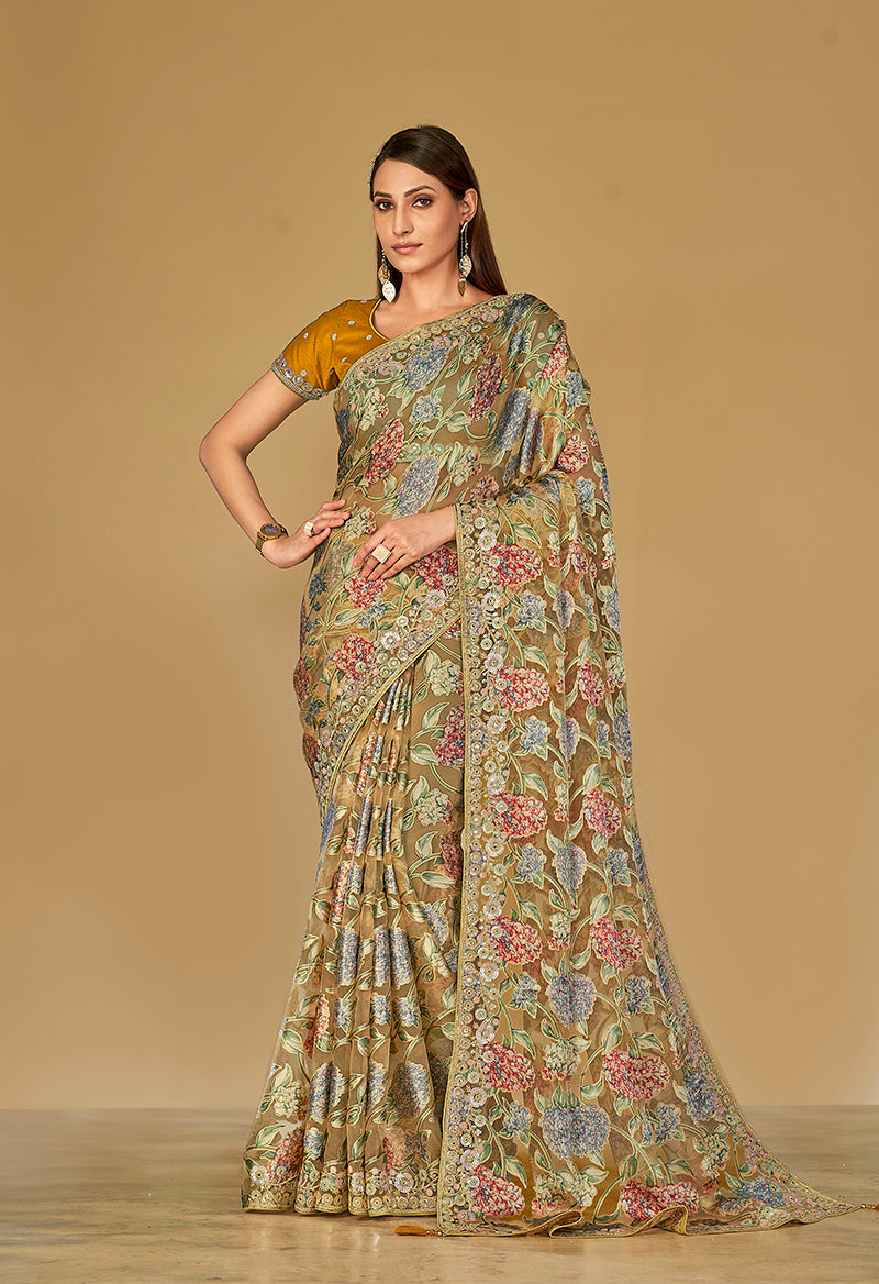 Mustard Organza Brasso With Beautiful Printed Saree