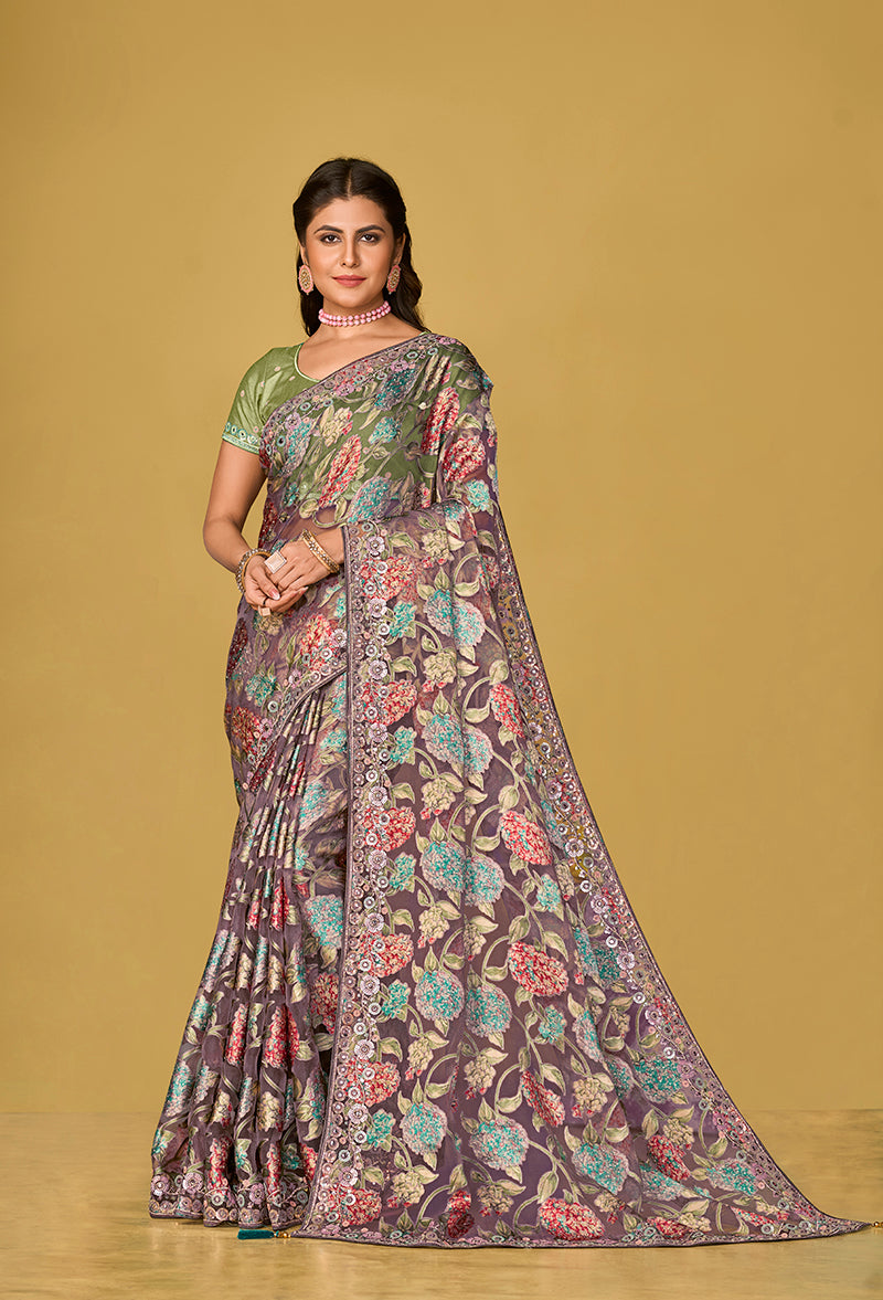 Grey Organza Brasso With Beautiful Printed Saree
