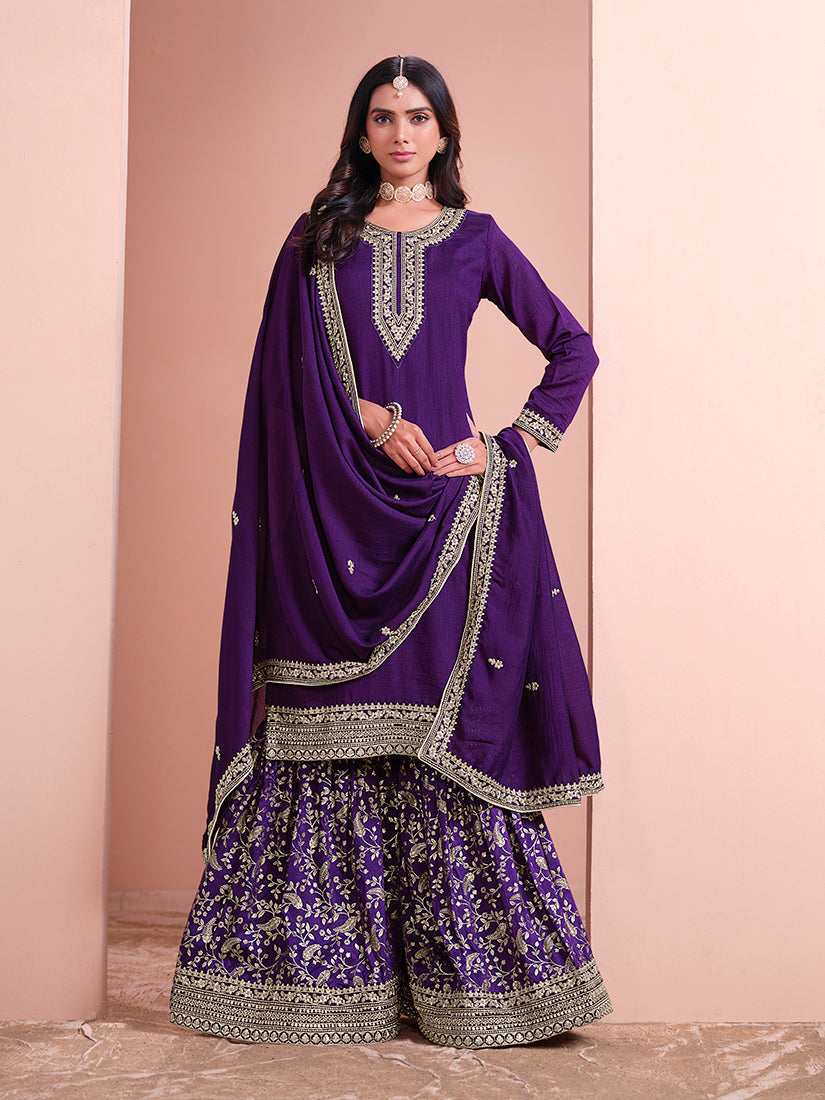 Dark Purple Art Silk Embroidered Designer Sharara Suit