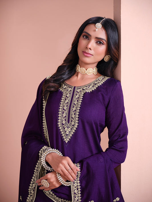 Dark Purple Art Silk Embroidered Designer Sharara Suit