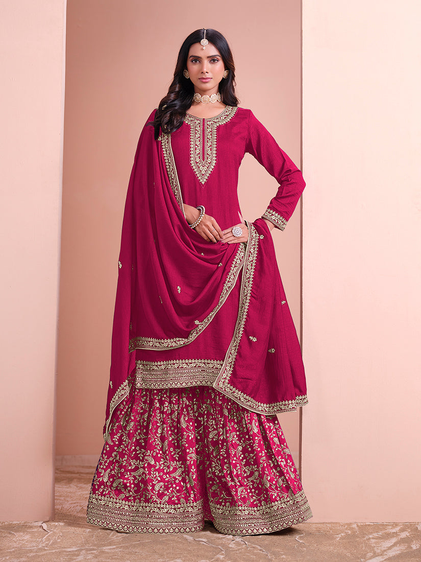 Rani Pink Art Silk Embroidered Designer Sharara Suit