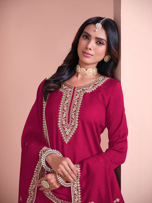 Rani Pink Art Silk Embroidered Designer Sharara Suit