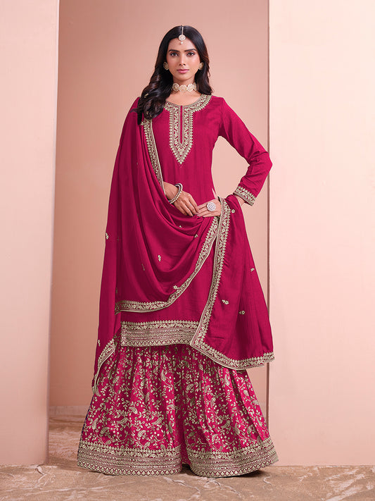 Rani Pink Art Silk Embroidered Designer Sharara Suit