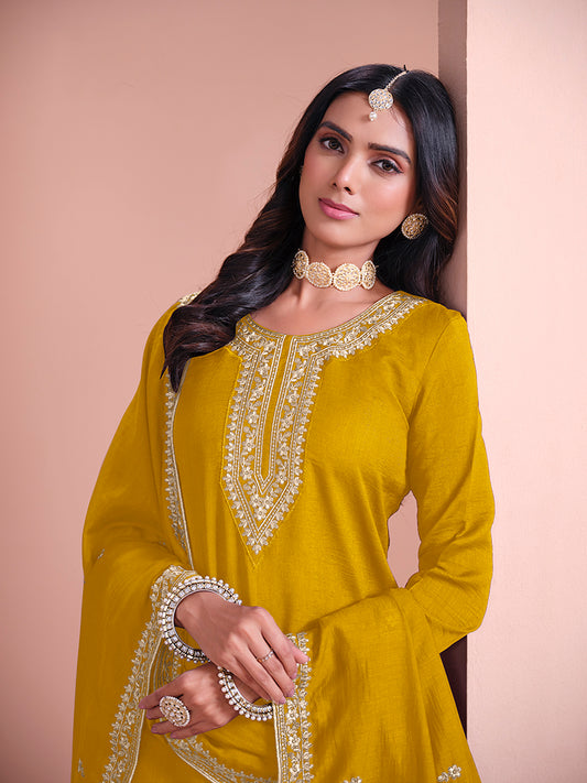 Mustard Art Silk Embroidered Designer Sharara Suit