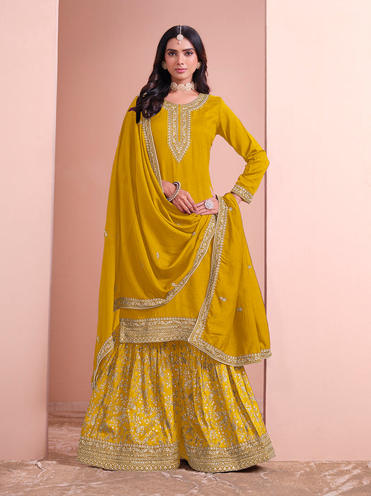 Mustard Art Silk Embroidered Designer Sharara Suit