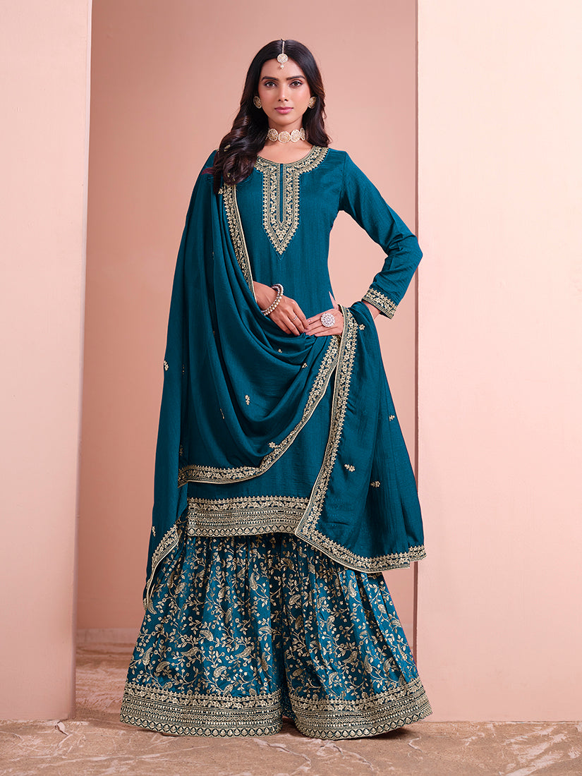 Dark Teal Art Silk Embroidered Designer Sharara Suit