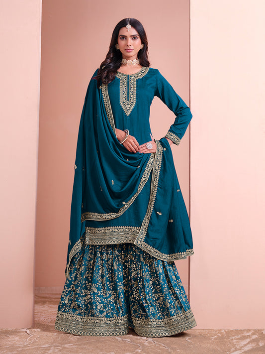 Dark Teal Art Silk Embroidered Designer Sharara Suit