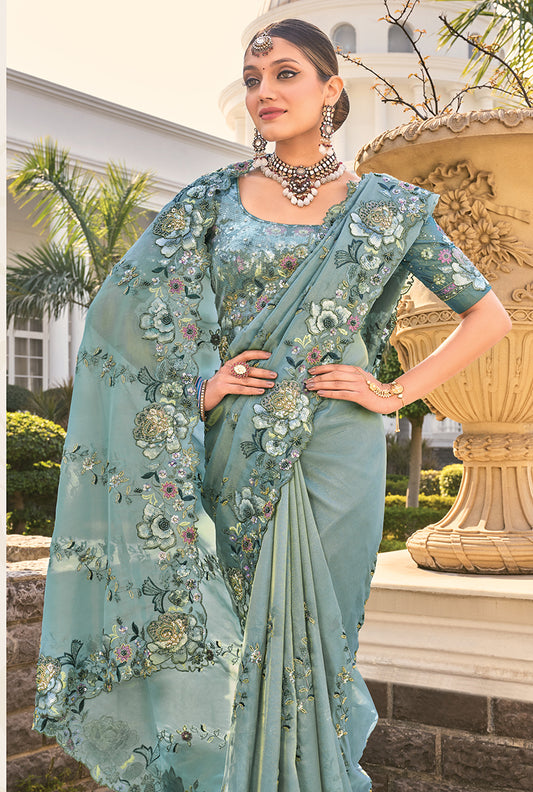 Gray Organza Silk Sequins & Thread Work Stylish Saree