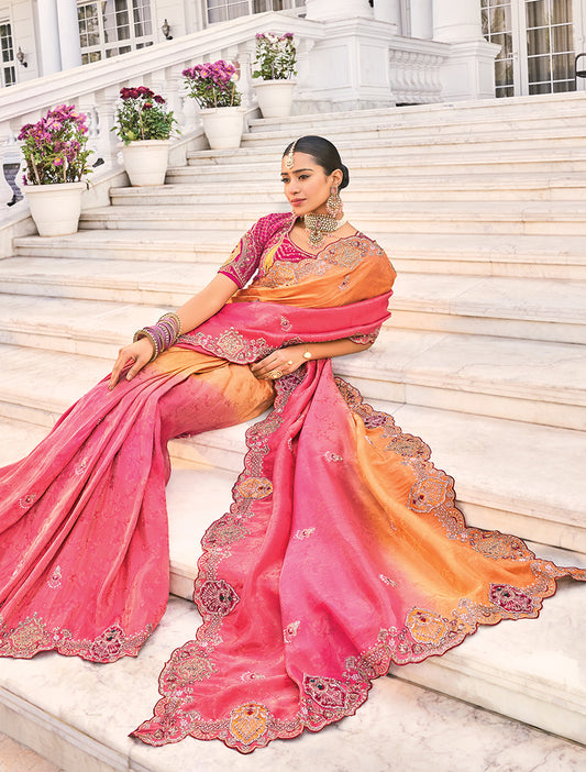 Rani Pink Crepe Jacquard Silk Zari Weaving Thread Work Saree