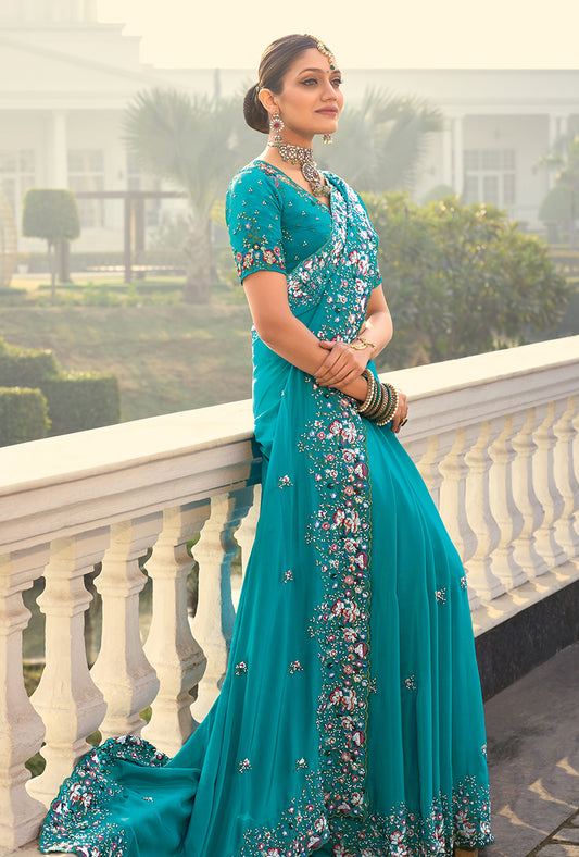 Blue Crepe Silk Cut-Dana & Thread Work Saree
